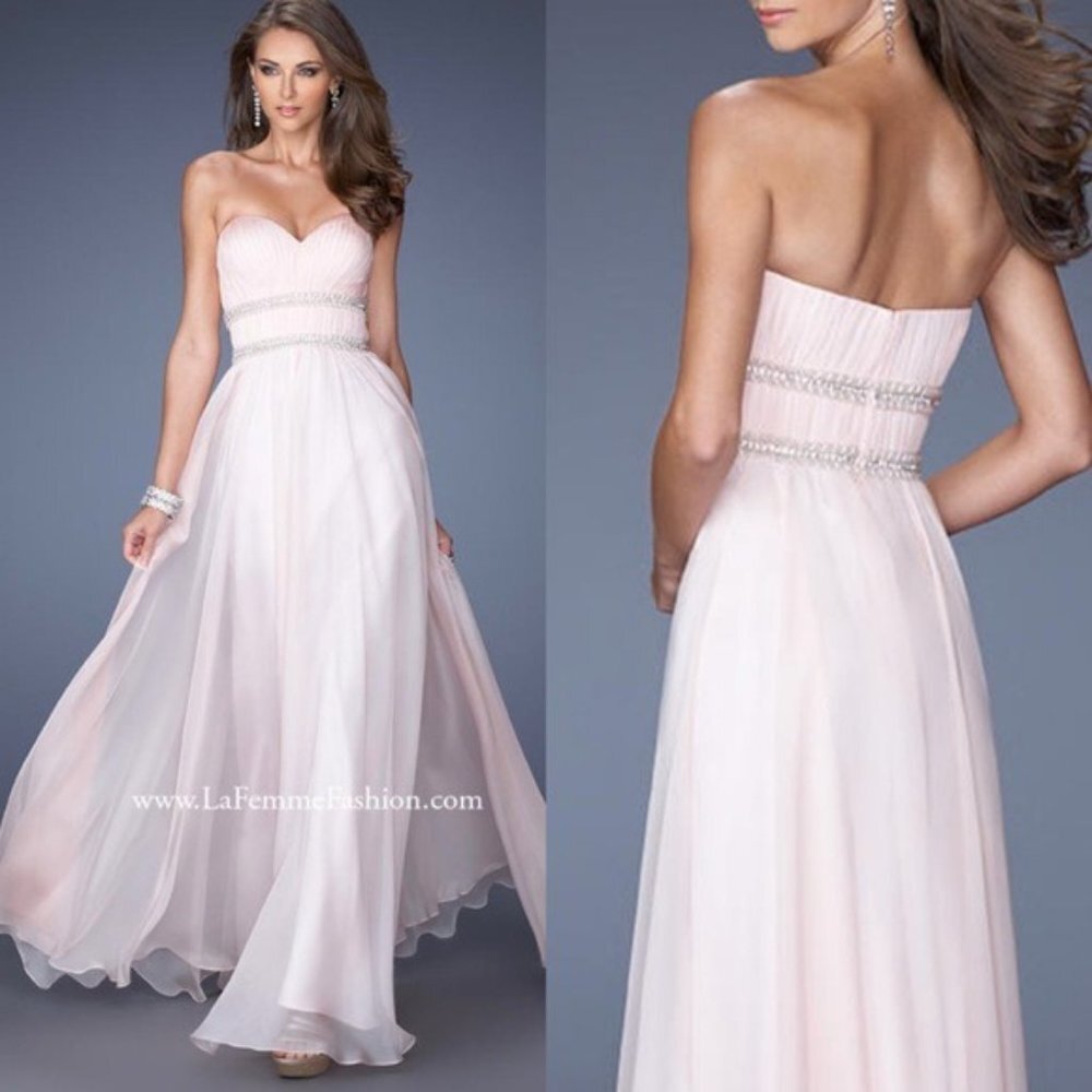 NEW La Femme Blush Pink Sweetheart Chiffon Pearl Prom Gown Maxi Dress 6
